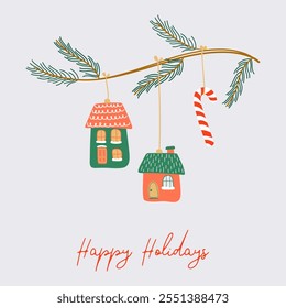 Happy holidays greeting card. Vintage Christmas print with Xmas decorations. Social media design. Hand drawn flat style vector illustration.
