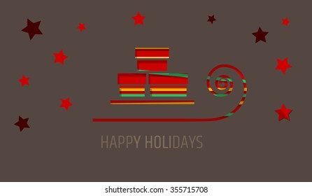 Happy holidays greeting card, wallpaper. Sledge and gifts silhouette cut out from paper.