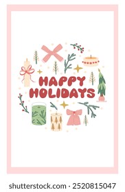 Happy Holidays greeting card. Winter festive round emblem with lettering poster. New year vertical banner. Christmas party flyer template. Vector hand drawn illustration