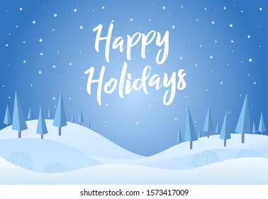 Happy Holidays greeting cards with christmas pines and mountains hills on the background. Minimal winter landscape background for happy season greeting cards. New Year happy holidays Merry xmas design