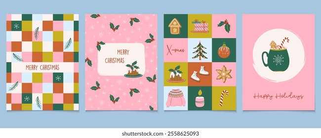 Happy holidays greeting cards. Christmas congratulations. Set of cute colorful Winter festive prints. Flat design geometric vector illustrations.
