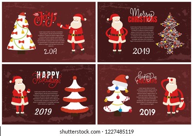 Happy holidays greeting cards on 2019 New Year holiday. Vector postcards, decorated Xmas tree topped by hat with bows and bells, tired Santa Claus
