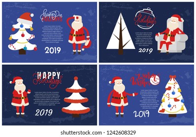 Happy holidays greeting cards on 2019 New Year holiday. Vector postcards, decorated Xmas tree topped by hat with bows and bells, tired Santa Claus in armchair