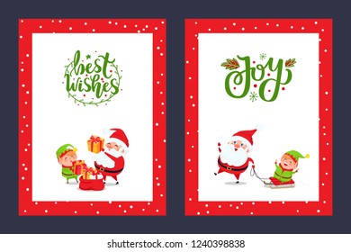 Happy Holidays greeting cards with Santa and Gift Boxes. Joyful Elf like sledding with Saint Nicholas. Vector New Year cartoon characters isolated.