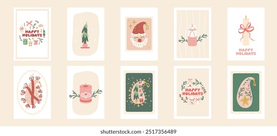 Happy Holidays greeting cards set with paisley baubles and scented candles. Winter festive posters collection. New year vertical banner. Christmas party flyer template. Vector illustration