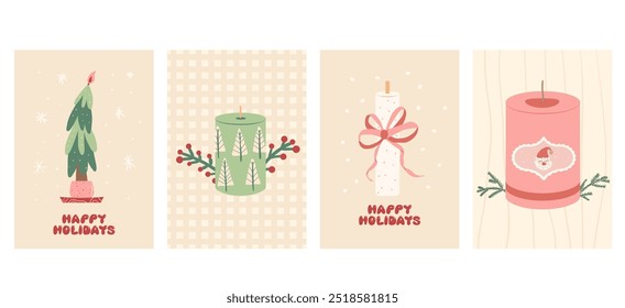 Happy Holidays greeting cards set. Winter festive posters collection. New year vertical banner. Christmas party flyer template. Vector hand drawn illustration