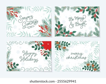 Happy holidays greeting cards set. Collection of botanical Christmas holiday greeting cards with winter plants and flowers. Flat vector illustration. Ready to print card designs