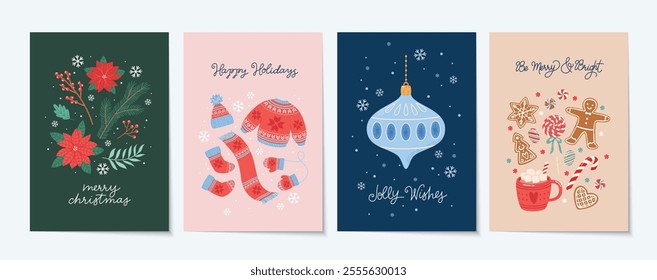 Happy holidays greeting cards set. Collection of Christmas holiday greeting cards with various holiday elements. Flat vector illustration. Ready to print card designs