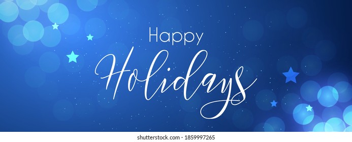 Happy Holidays Greeting Lettering with Bokeh Lights and Stars Background