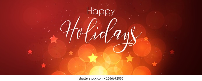 Happy Holidays Greeting Lettering with Bokeh Lights and Stars Background