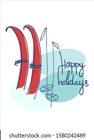 Happy holidays greeting lettering, vintage skis in the snow. Winter holidays concept. Winter outdoor activity concept. Ski resort banner, ad. Sporting goods store greeting card. Greeting card template
