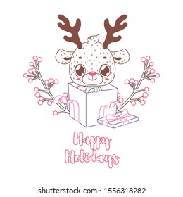 Happy Holidays greeting in lineart style with a cute reindeer