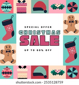 Happy Holidays Greeting mosaic greeting card flat design template with holiday ornaments, gift and  santa hat, and simple icons