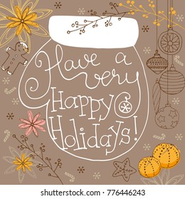 Happy holidays greeting postcard winter doodles background