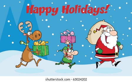 Happy Holidays Greeting With Santa Claus,Elf and Reindeer Runs With Gifts