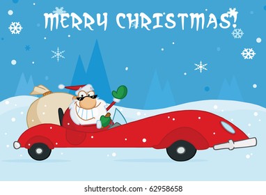 Happy Holidays Greeting With Santa Driving In The Snow