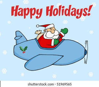 Happy Holidays Greeting With Santa Flying In The Snow