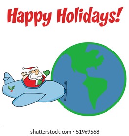 Happy Holidays Greeting With Santa Flying Around Earth