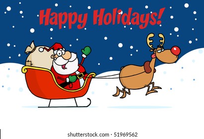 Happy Holidays Greeting With Santa And Reindeer With The Sleigh