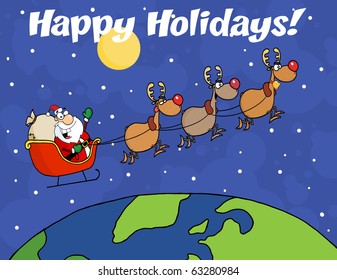 Happy Holidays Greeting With Team Of Reindeer And Santa