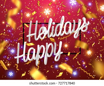 Felices fiestas saludan la ilustración vectorial con brillantes dorados, lámina, confetti, chispas y brillantes copos de nieve| Fondo rojo