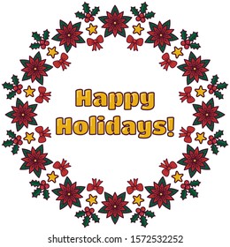 Happy holidays greeting wreath banner. celebration garland with mistletoe, poinsettia and bells. Stock vector illustration