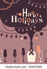 Happy holidays greetings text made of retro glasses and bottles.