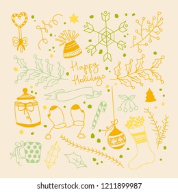 Happy holidays greetings typography design postcard with different kind of gifts and toys vector illustration