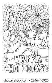 Happy holidays hand drawn anti stress colouring page for adult and kids. Winter holiday themed coloring book page with cozy Christmas objects for mental health relaxation