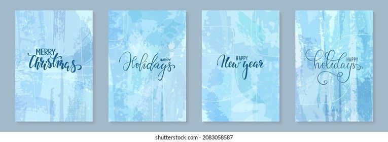 happy holidays Hand drawn brush pen lettering text on doodle background with stains and watercolor brush stroke. design happy holiday greeting card and invitation of Merry Christmas, Happy New Year