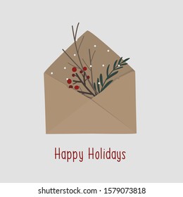 Happy holidays. Hand drawn envelope with nature elements branches and snow. Christmas Vector illustration greeting card.