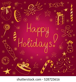 Happy Holidays! Hand Drawn Golden Doodle Holiday Set with Candies, Gifts, Candle, Fir Trees, Angel, Stars and Snowflakes. Children Cute Drawings. Perfect for festive design.Vector illustration.