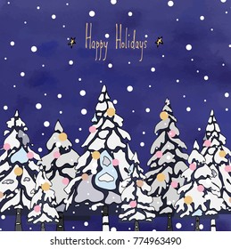 Happy holidays. Hand drawn greeting card. New Year and Christmas elements: Christmas trees with decorations and garlands, stars, snowflakes, on a purple background. For cards, prints and designs.