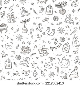 Happy holidays hand drawn seamless pattern with xmas symbols. Christmas and New Year theme. Winter holidays doodle style black and white background.
