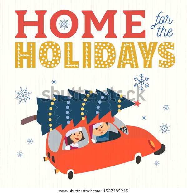 Happy holidays hand drawn vector poster. Cute\
family, kids father in Santa Claus hat drive car playful cartoon.\
Christmas fancy quote. Winter holiday season greeting words. New\
Year event fun banner