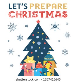 Happy holidays hand drawn vintage vector. Cute comic dog, snowman deliver Christmas tree by retro car cartoon. Fancy quote Prepare Christmas. Winter Season holiday greeting. New Year event fun banner