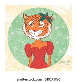 Happy holidays. Hand drawn vintage card with tiger. Vector illustration for holiday design, greeting card, christmas poster, invitation