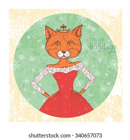Happy holidays. Hand drawn vintage card with fox. Vector illustration for holiday design, greeting card, christmas poster, invitation