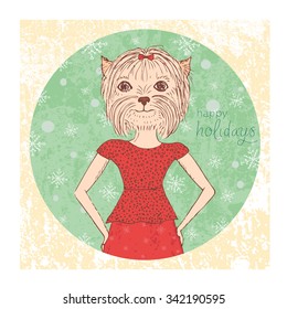 Happy holidays. Hand drawn vintage card with dog. Vector illustration for holiday design, greeting card, christmas poster, invitation