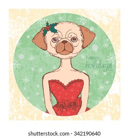 Happy holidays. Hand drawn vintage card with dog. Vector illustration for holiday design, greeting card, christmas poster, invitation