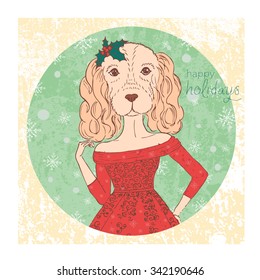 Happy holidays. Hand drawn vintage card with dog. Vector illustration for holiday design, greeting card, christmas poster, invitation
