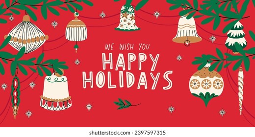 Happy holidays hand lettering text banner with Christmas tree, toy and bell. Winter holiday red background for greeting cards, cover, frame, prints