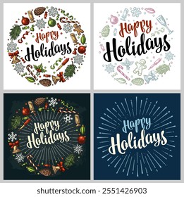 Happy Holidays handwriting calligraphy lettering. Circle shape with gingerbread, candy, mistletoe, bell, serpentine, rocket, snowflake, pine cone, fir branch, toy. Vector vintage color engraving