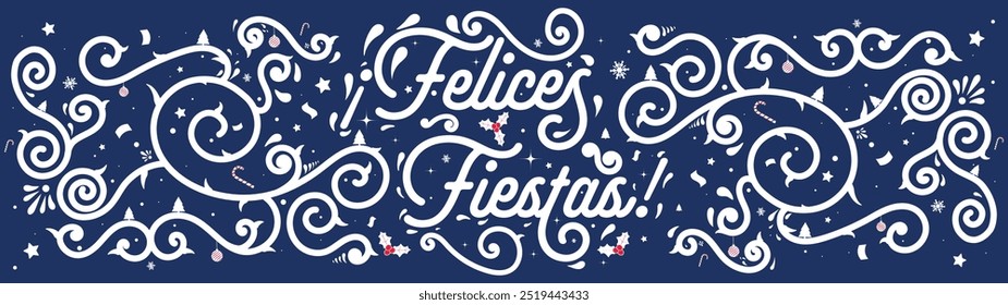 Caligrafía manuscrita de Días festivos felices sobre un fondo azul con copos de nieve y adornos de estilo talavera. Días festivos felices en español. Plantilla de Vector para la tarjeta de felicitación, etc.