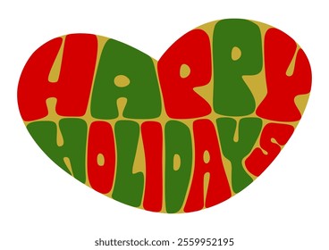 Happy Holidays heart shaped typography. Vector illustration. Retro pop design. White background. Gold heart shape with red and green lettering.