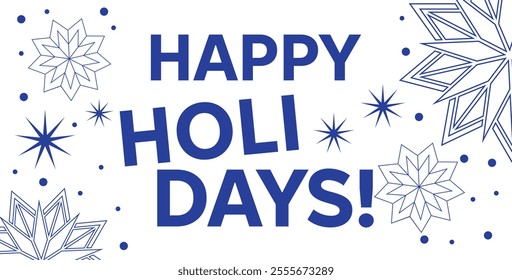 Happy Holidays, ho ho ho minimalist monochrome banner concept with bold typography, snowflakes, and decorative Christmas stars on a light background.