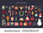 Happy Holidays icons collection, greeting card with seasonal items, decorative vector illustration