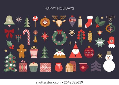 Happy Holidays icons collection, greeting card with seasonal items, decorative vector illustration