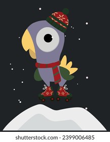 Happy Holidays Illustration with Bird Wearing a Hat, Roller Skates, Skarf