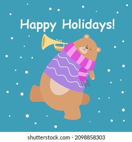 Happy holidays illustration with cute animals perfect for invitations, greeting cards, backgrounds, wallpapers and more